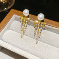 14K Gold Plated Silver Needle Zircon Tassel Faux Pearl Geometric Drop Earrings For Women view 4