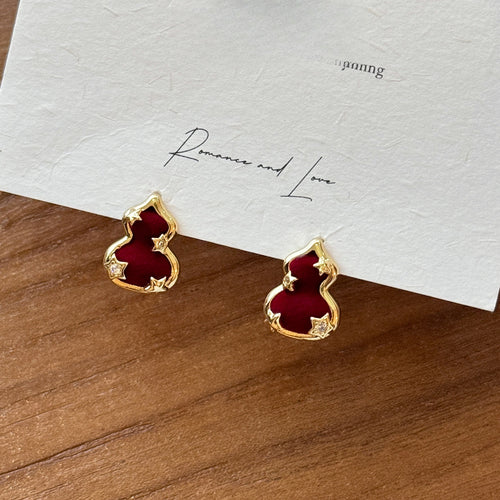 New Chinese Style Zircon Gourd Star Stud Earrings With Silver Pins, Retro Flocked Geometric Jewelry