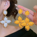 Light Luxury Enamel Flower Pendant Drop Earrings With Iron Studs, Vintage Statement Earrings For Women view 1