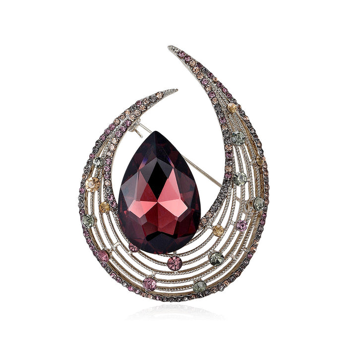 Alloy Crystal Glass Moon Teardrop Brooch Pin For Suit Lapels