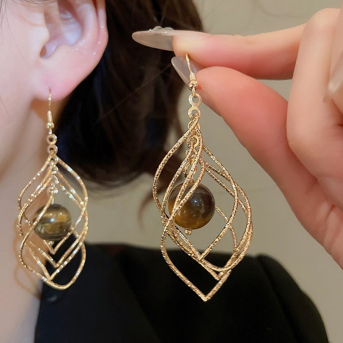 Vintage Maillard Iron Twisted Diamond Tiger Eye Pendant Hook Drop Earrings