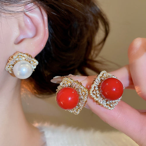 Light Luxury Geometric Square Faux Pearl Zircon Stud Earrings With Silver Posts For Women