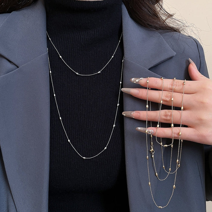 Iron Oval Rice Bead Layered Sweater Necklace Korean Minimalist Light Luxury Geometric Jewelry
