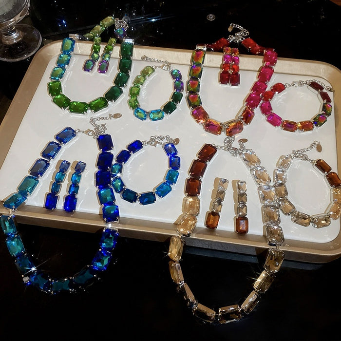 Light Luxury Copper Jewelry Set With Rhinestone Square Stud Earrings Bracelet Necklace