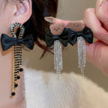 Copper Bowknot Drop Earrings With Rhinestone Bear Tassels, Minimalist Light Luxury Women's Jewelry view 3