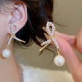 Light Luxury Twisted Faux Pearl Cross Stud Earrings, Vintage Geometric Round Ear Jewelry view 2