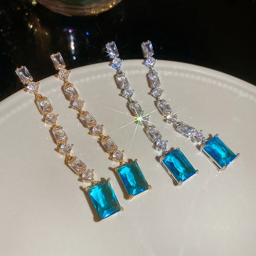 18K Gold Plated Copper Square Zircon Stud Earrings With Silver Pins Luxury Geometric Court Style