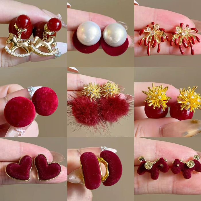 Red Resin Zircon Round Geometric Stud Earrings With Silver Pins Vintage Light Luxury Style