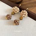 Vintage Tiger Eye Stone And Wood Bead Geometric Round Drop Earrings For Women view 2