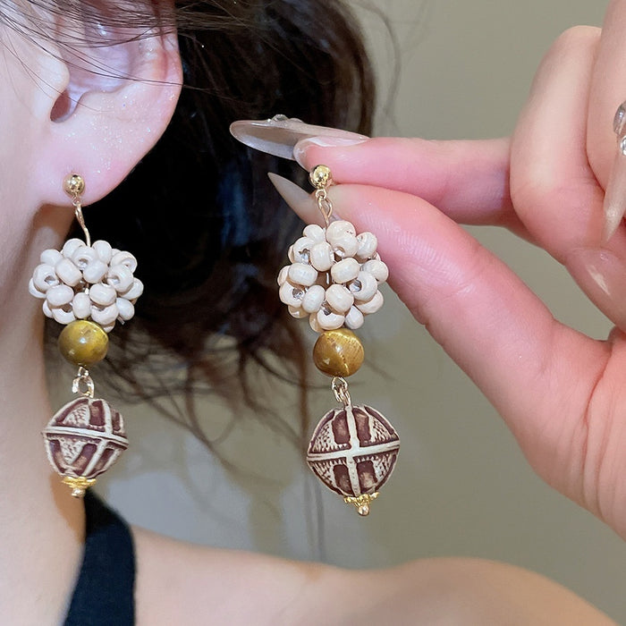 Vintage Tiger Eye Stone And Wood Bead Geometric Round Drop Earrings For Women