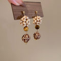 Vintage Tiger Eye Stone And Wood Bead Geometric Round Drop Earrings For Women view 4
