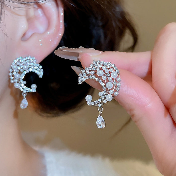 Light Luxury Geometric Moon Zircon Faux Pearl Drop Earrings With Silver Pins