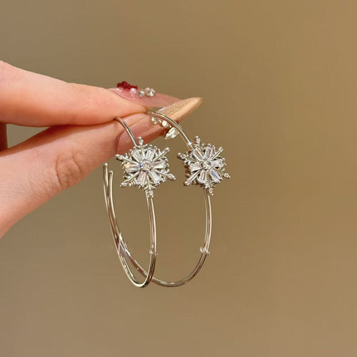 Copper Zircon Snowflake C Shape Stud Earrings Korean Light Luxury Geometric Jewelry