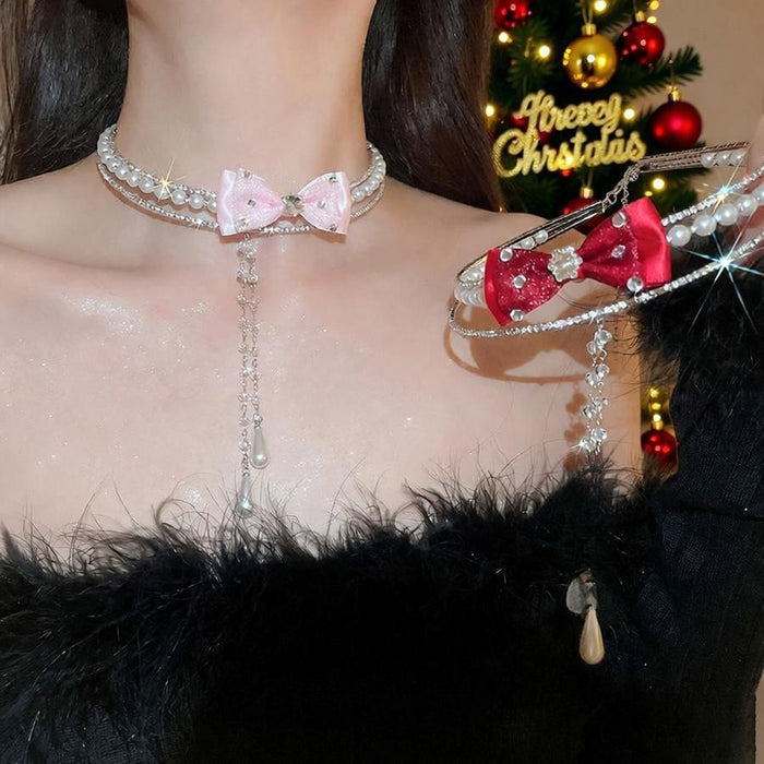Light Luxury Rhinestone Bow Tassel Faux Pearl Choker Necklace For Women – Silver