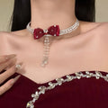 Light Luxury Rhinestone Bow Tassel Faux Pearl Choker Necklace For Women – Silver view 3