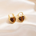 Light Luxury Gold Alloy Heart Tiger Eye Stone Huggie Hoop Earrings For Women Brown Gemstone Elegant Earrings view 3