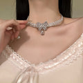 Light Luxury Copper Rhinestone Chiffon Bow Pearl Choker Necklace Elegant Collarbone Chain view 3