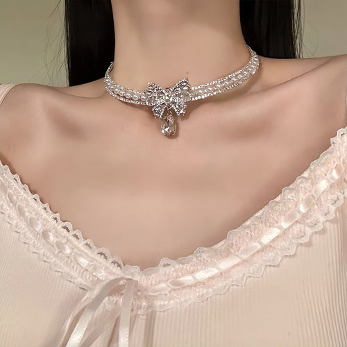 Light Luxury Copper Rhinestone Chiffon Bow Pearl Choker Necklace Elegant Collarbone Chain