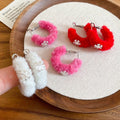 Flocked Plush Round Snowflake Hoop Earrings With Silver Pins, Sweet Winter OL Style view 3