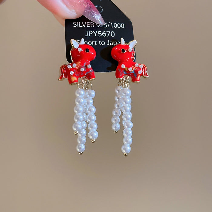 Chic Horse Faux Pearl Tassel Drop Earrings With Silver Needle Studs For Women