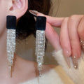 Vintage Geometric Square Rhinestone Flocked Tassel Drop Earrings With Silver Needle Studs view 3