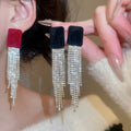 Vintage Geometric Square Rhinestone Flocked Tassel Drop Earrings With Silver Needle Studs view 1