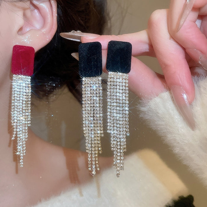 Vintage Geometric Square Rhinestone Flocked Tassel Drop Earrings With Silver Needle Studs