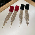 Vintage Geometric Square Rhinestone Flocked Tassel Drop Earrings With Silver Needle Studs view 4