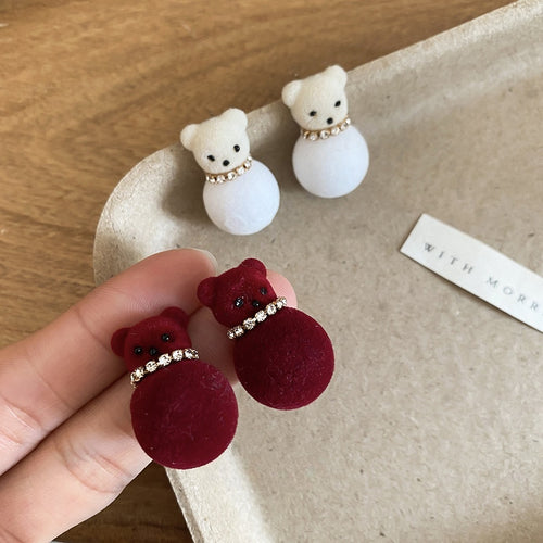 Silver Needle Rhinestone Flocked Bear Stud Earrings Cute Cartoon Sweet Light Luxury Jewelry For Women
