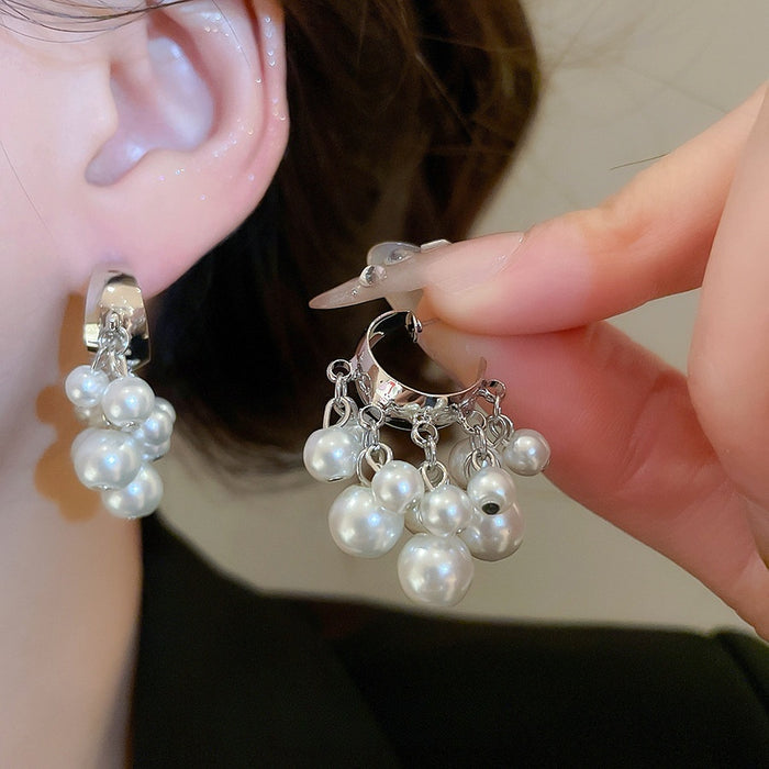 Chic Faux Pearl Beaded Tassel C-Shaped Geometric Drop Earrings For Women