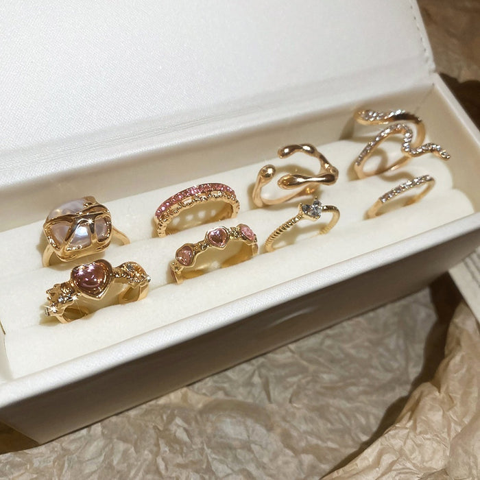Alloy Heart Geometric Rhinestone Open Ring Jewelry Set For Women Light Luxury Style