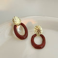 Vintage Hong Kong Style Burgundy Acrylic Oval Hoop Drop Alloy Hammered Gold Disc Elegant Women's Earrings view 3