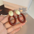 Vintage Hong Kong Style Burgundy Acrylic Oval Hoop Drop Alloy Hammered Gold Disc Elegant Women's Earrings view 4