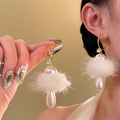 Silver Needle C Shape Faux Pearl Pom Pom Waterdrop Drop Earrings Elegant Retro Winter Style view 2