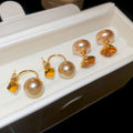 18K Gold Plated Silver Pin Faux Pearl Rhinestone Round Two Way Stud Earrings Vintage Luxury view 3