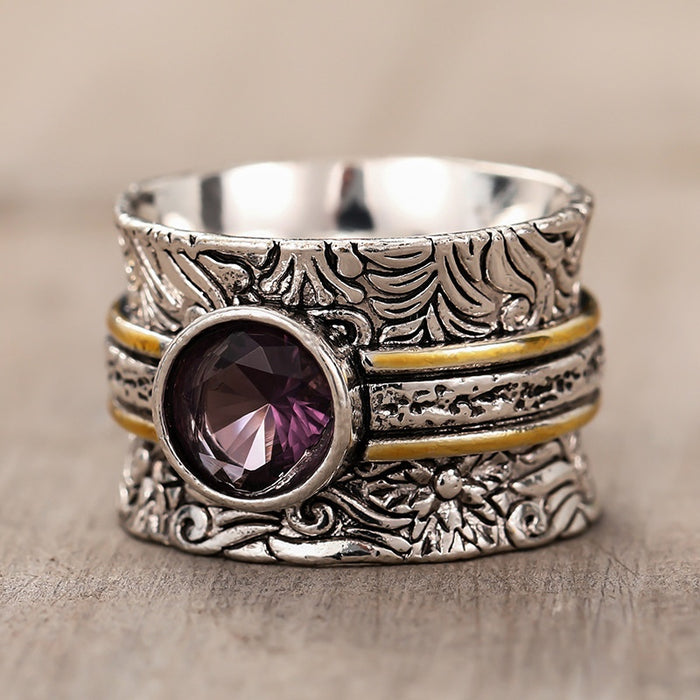 Vintage Two Tone Textured Line Ring For Women, European Style Metal Finger Ring