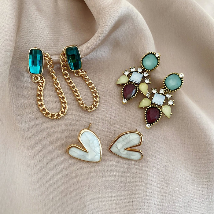 Light Luxury Vintage Heart Resin Zircon Stud Earrings Jewelry Set With Silver Pins