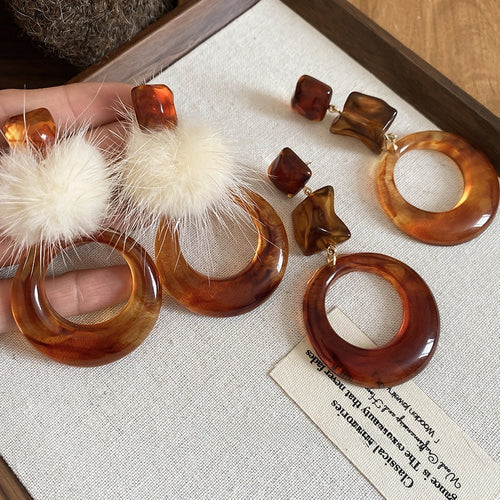 Maillard Style Resin Fur Ball Round Hollow Geometric Stud Earrings For Women