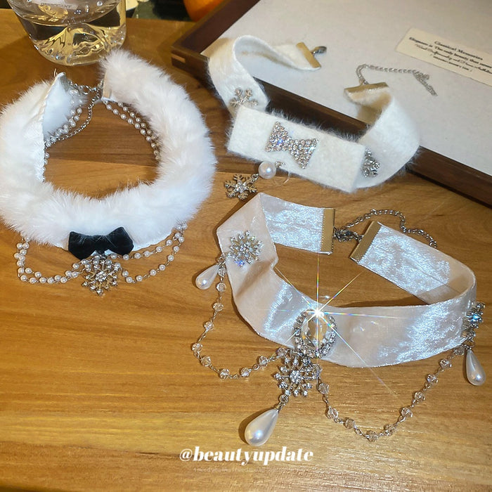 Light Luxury Velvet Rhinestone Snowflake Faux Pearl Choker Necklace For Women