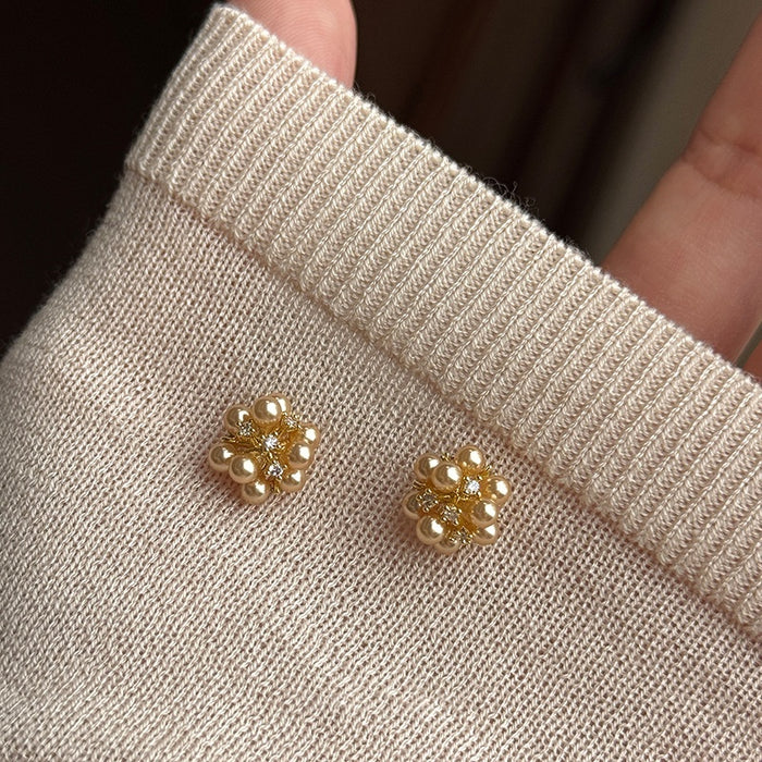 Light Luxury Faux Pearl Stud Earrings With Rhinestone Flower Cluster Round Geometric Vintage Style
