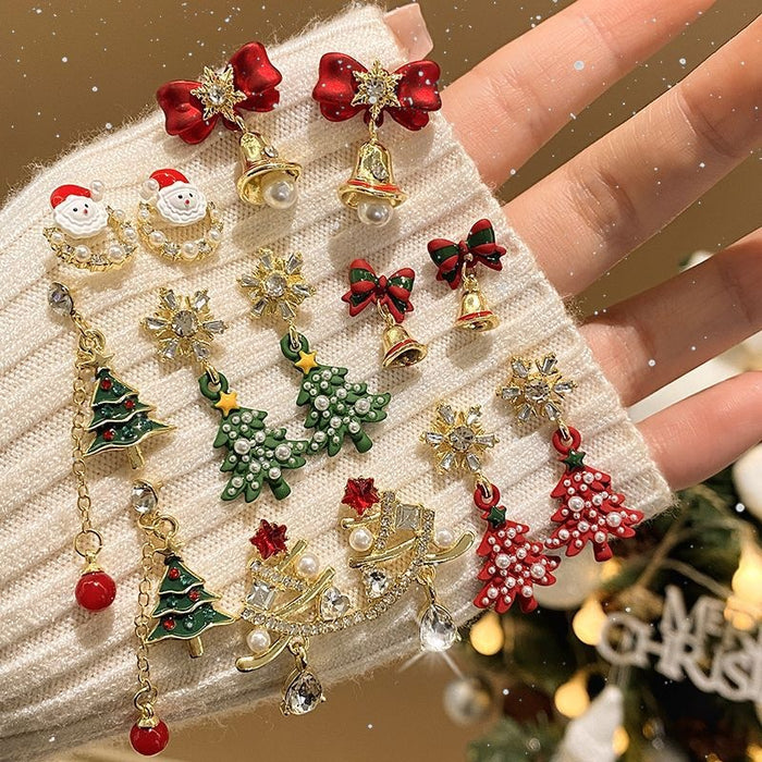 Light Luxury Faux Pearl Rhinestone Christmas Tree Snowflake Stud Earrings With Silver Posts