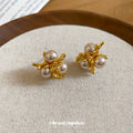 French Vintage Metal Firework Faux Pearl Stud Earrings For Women Elegant OL Geometric Round Jewelry view 4