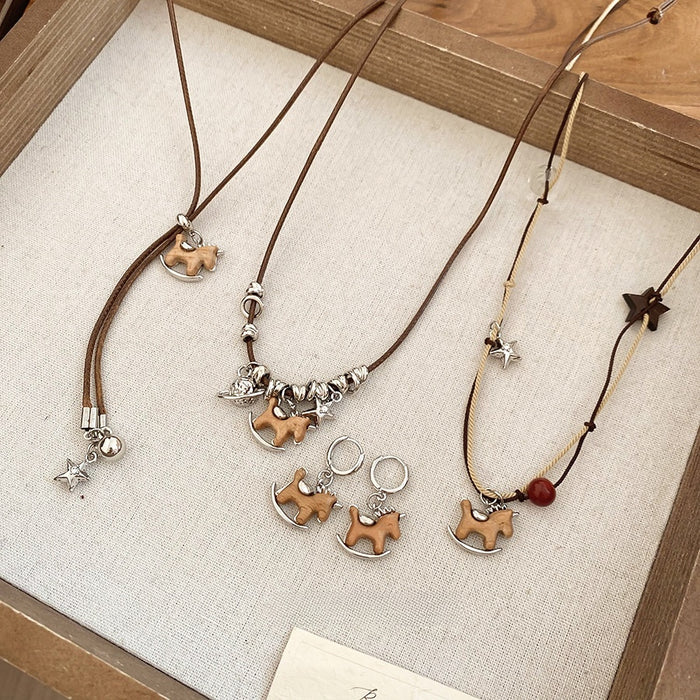New Chinese Style Wooden Horse Necklace And Ear Cuff Jewelry Set For Women Retro Light Luxury Accessories