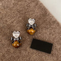 Tiger Eye Zircon Heart Stud Earrings With Silver Pins Maillard Vintage Light Luxury Style view 3