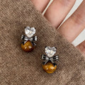 Tiger Eye Zircon Heart Stud Earrings With Silver Pins Maillard Vintage Light Luxury Style view 1
