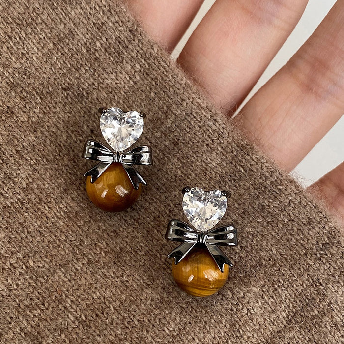 Tiger Eye Zircon Heart Stud Earrings With Silver Pins Maillard Vintage Light Luxury Style