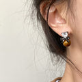 Tiger Eye Zircon Heart Stud Earrings With Silver Pins Maillard Vintage Light Luxury Style view 2