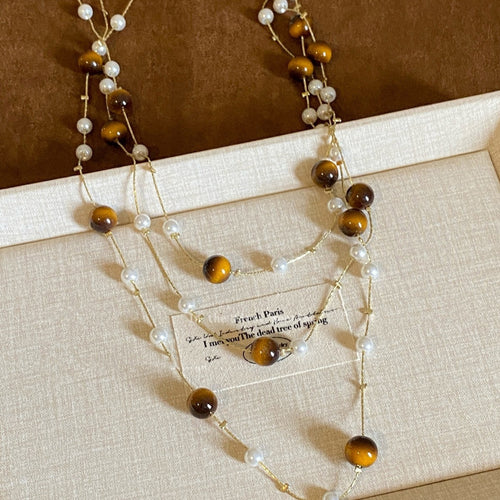 Maillard Style Tiger Eye Beaded Faux Pearl Layered Sweater Necklace For Women