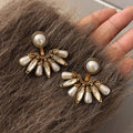 Vintage Fan Shaped Faux Pearl Rhinestone Stud Earrings For Women Light Luxury Geometric Jewelry view 1