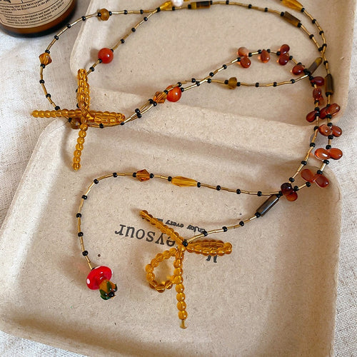Light Luxury Faux Crystal Beaded Bow Sweater Necklace Vintage Ethnic Style Choker